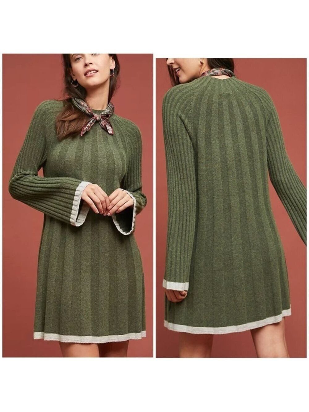 Anthropologie Green Ribbed Mock Neck Sweater Dress